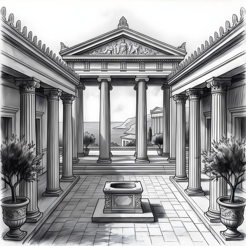 Charcoal drawing of a Greek courtyard house with columns
