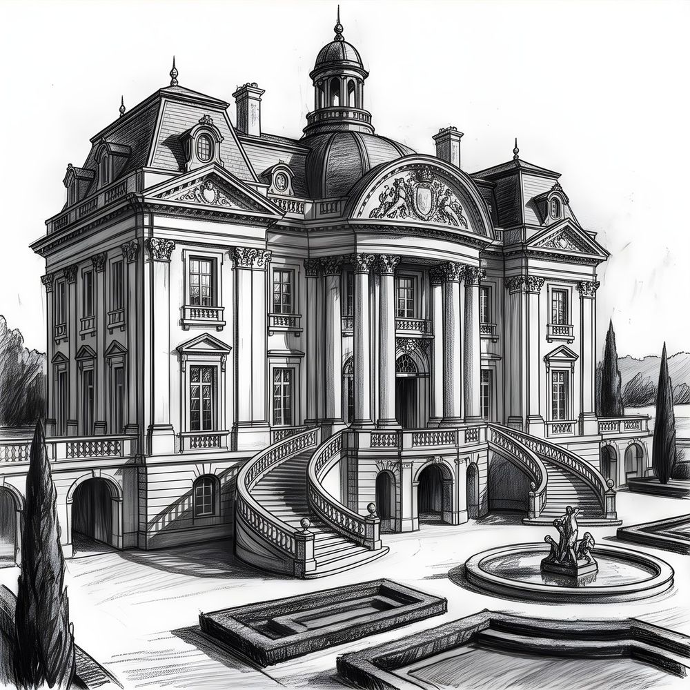 Charcoal drawing of a symmetrical Baroque manor with a double staircase