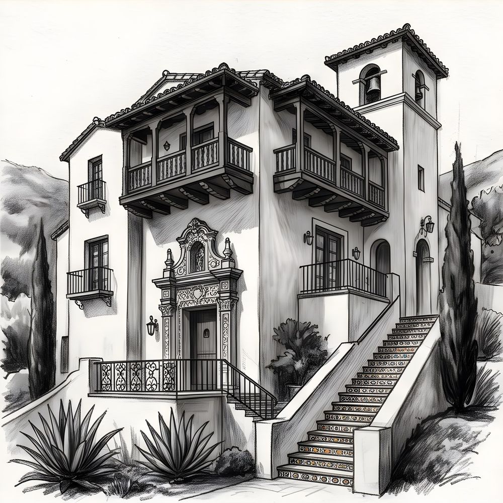 Charcoal drawing of a Spanish Colonial Revival home with an exterior stair