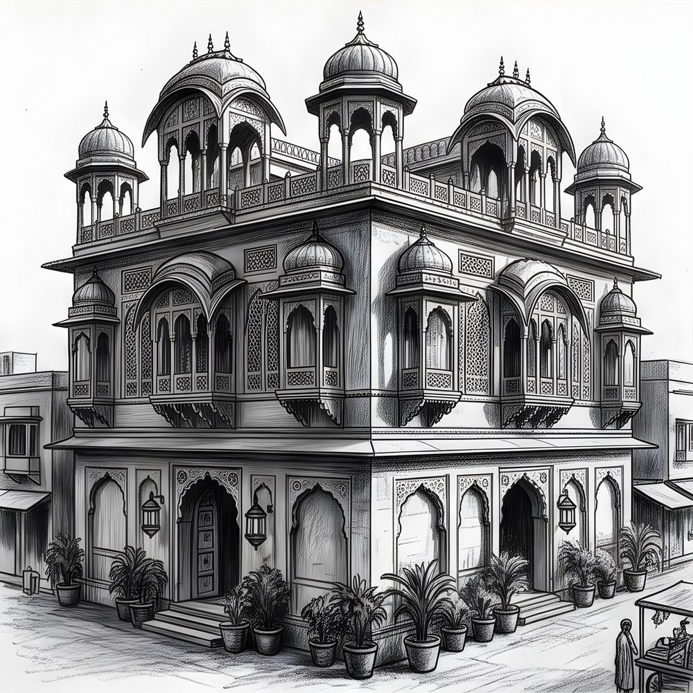 Charcoal drawing of a domed Rajasthani haveli