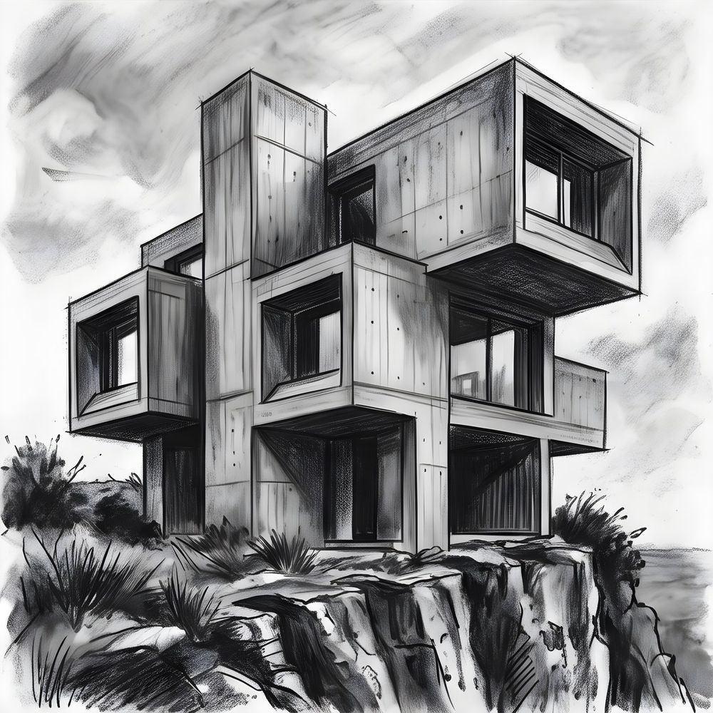 Charcoal drawing of a cantilevered brutalist concrete house on a cliff
