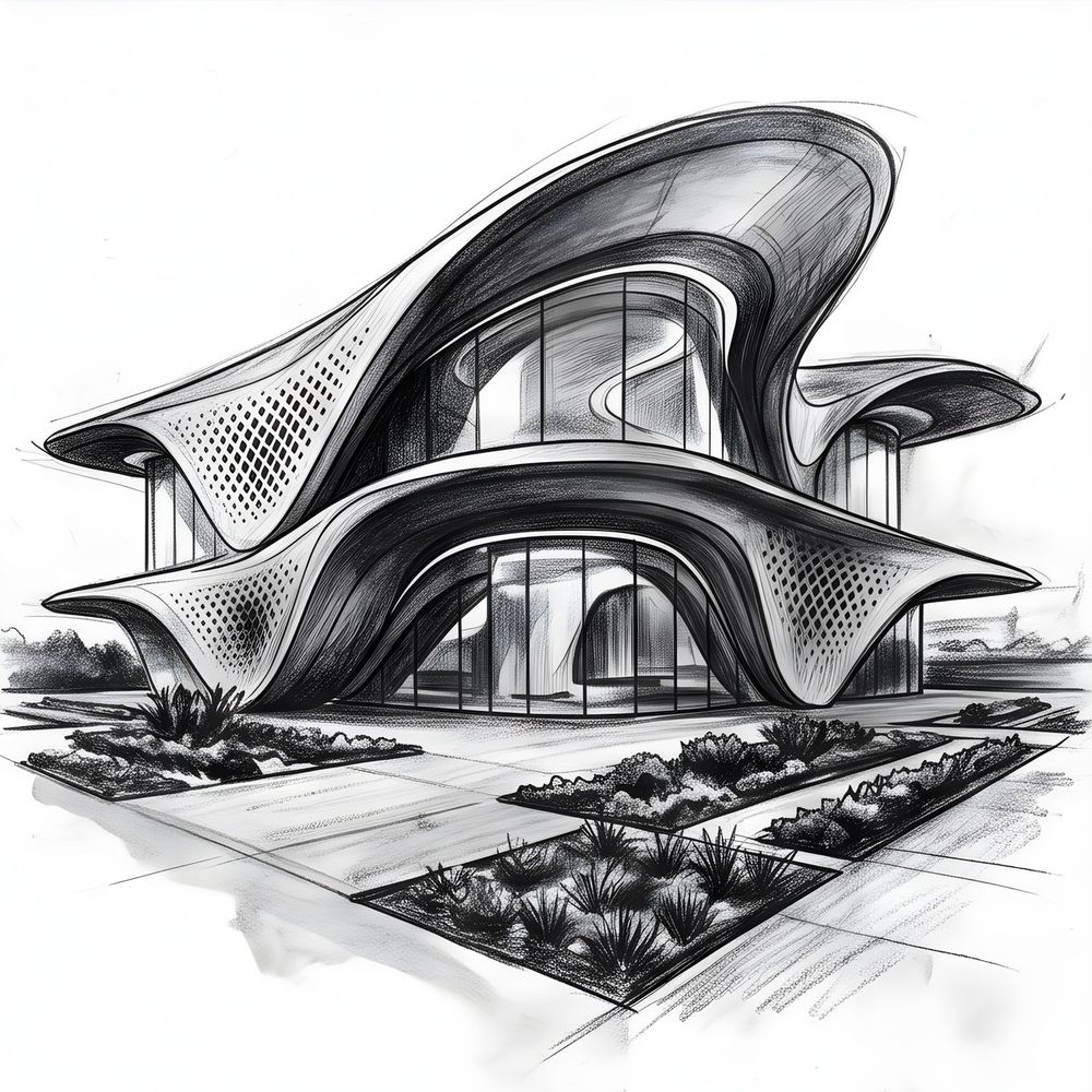 Charcoal drawing of a sculptural, curving parametric pavilion