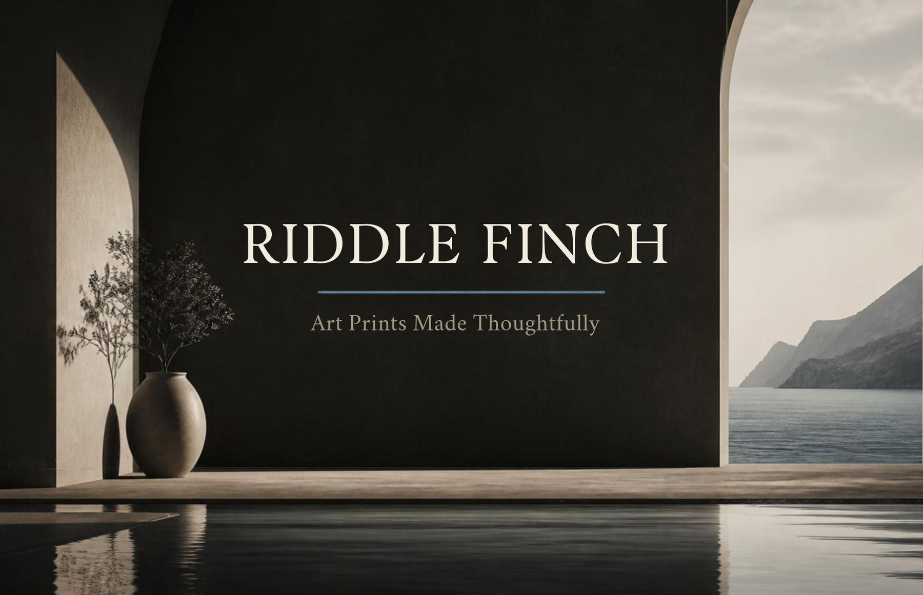 Riddle Finch — Art Prints Made Thoughtfully, set in a dark arched room overlooking the sea