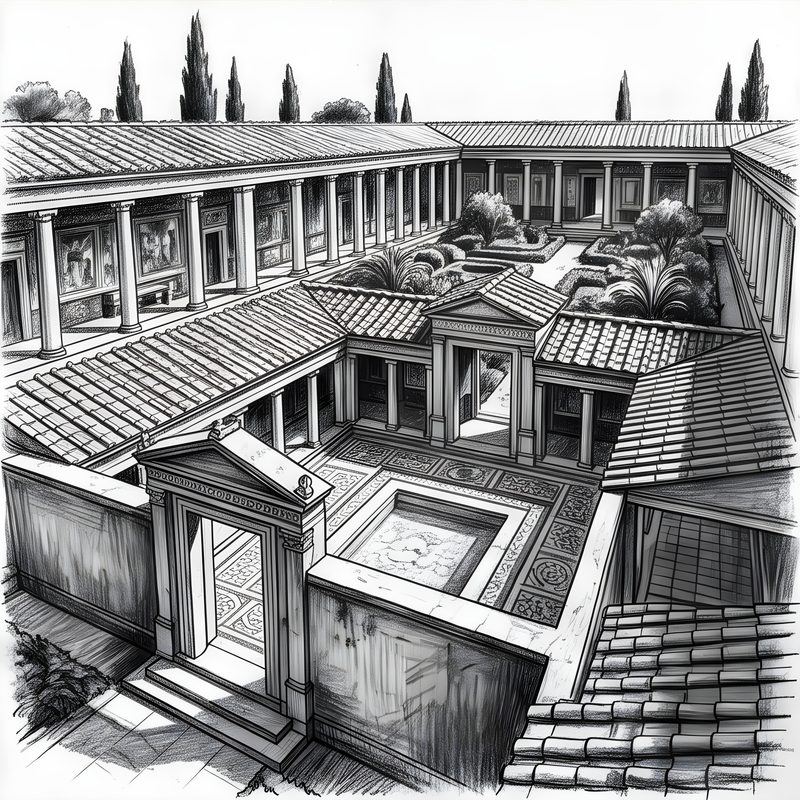 Charcoal drawing: Ancient Roman Domus & Villa