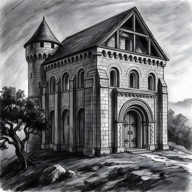 Charcoal drawing: Romanesque Manor & Fortress House