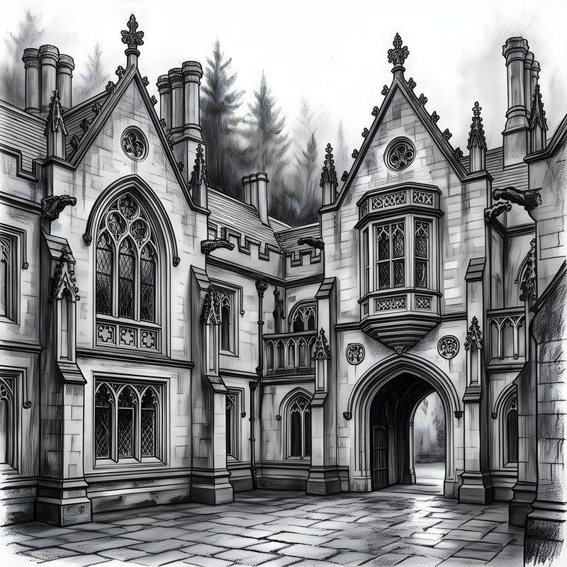Charcoal drawing: High Gothic Residential Manor