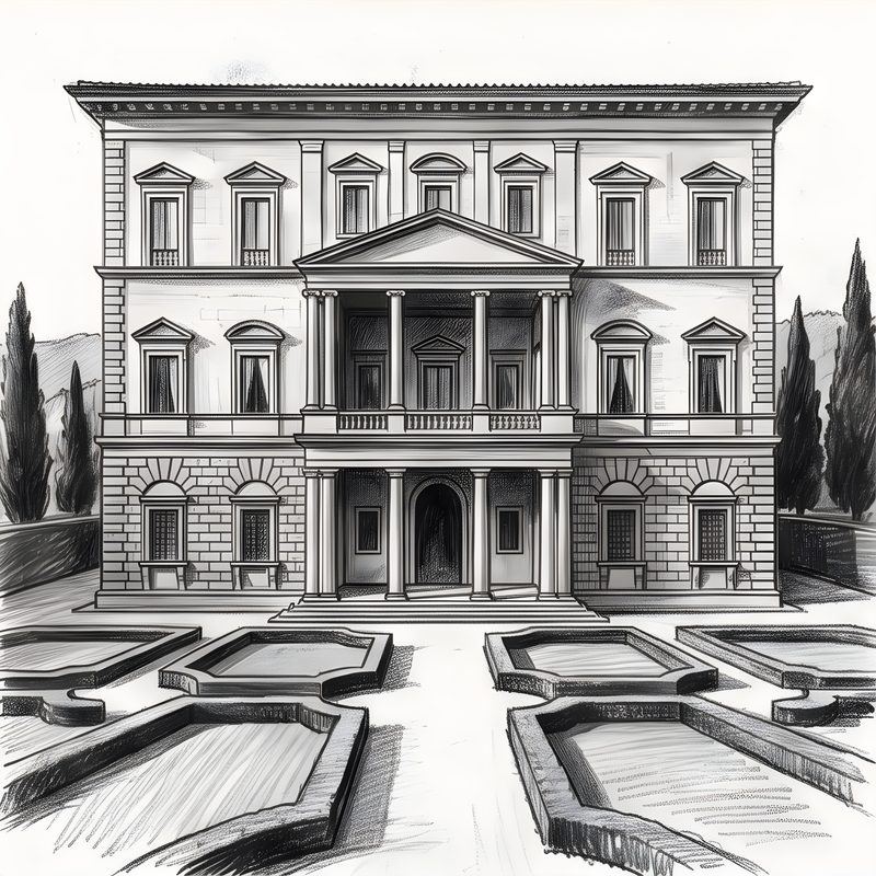 Charcoal drawing: Italian Renaissance Palazzo & Villa