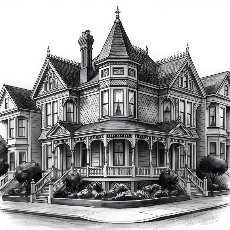Charcoal drawing: Victorian Painted Lady & Queen Anne