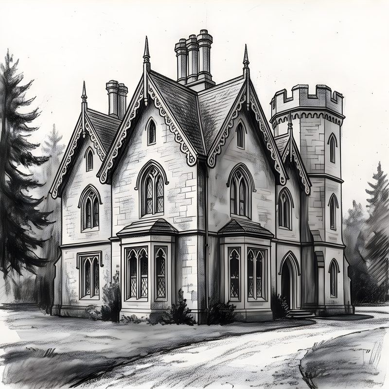 Charcoal drawing: Gothic Revival Country Estate
