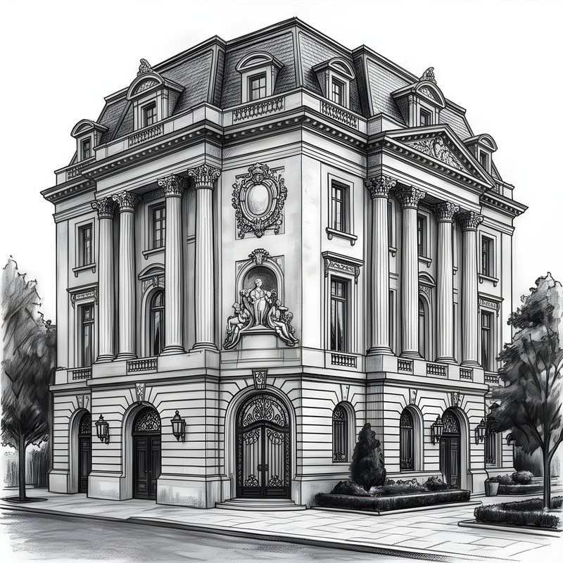 Charcoal drawing: Beaux-Arts Gilded Age Mansion