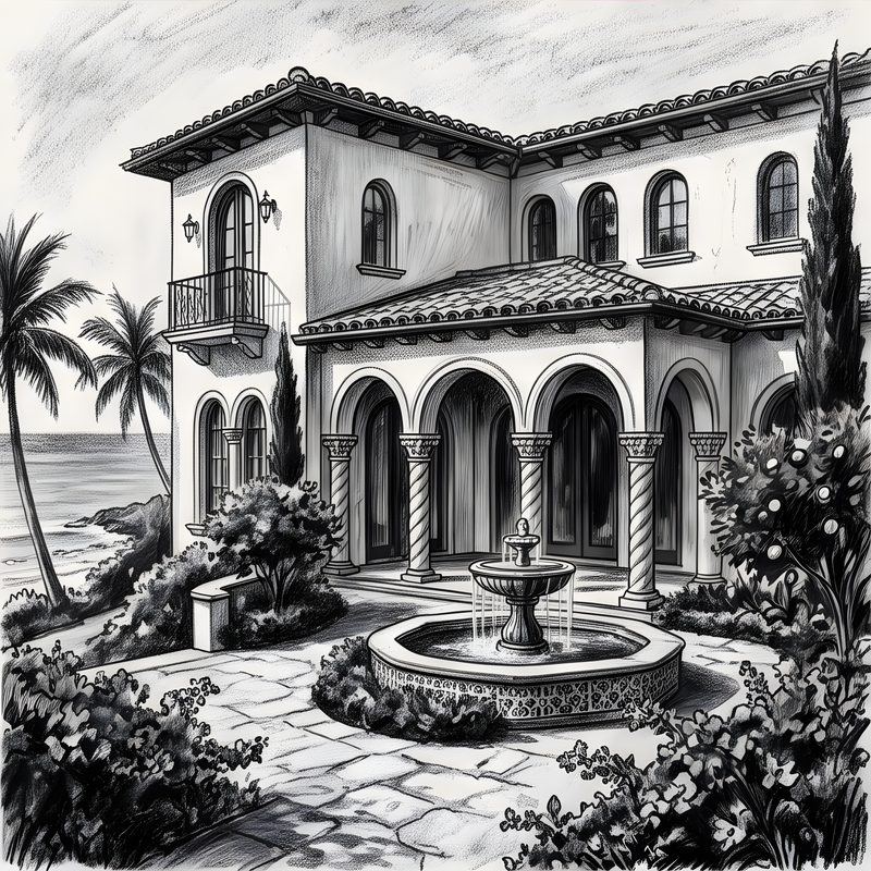 Charcoal drawing: Mediterranean Revival Villa