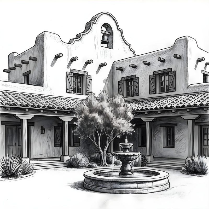 Charcoal drawing: Spanish Colonial & Mission Homestead