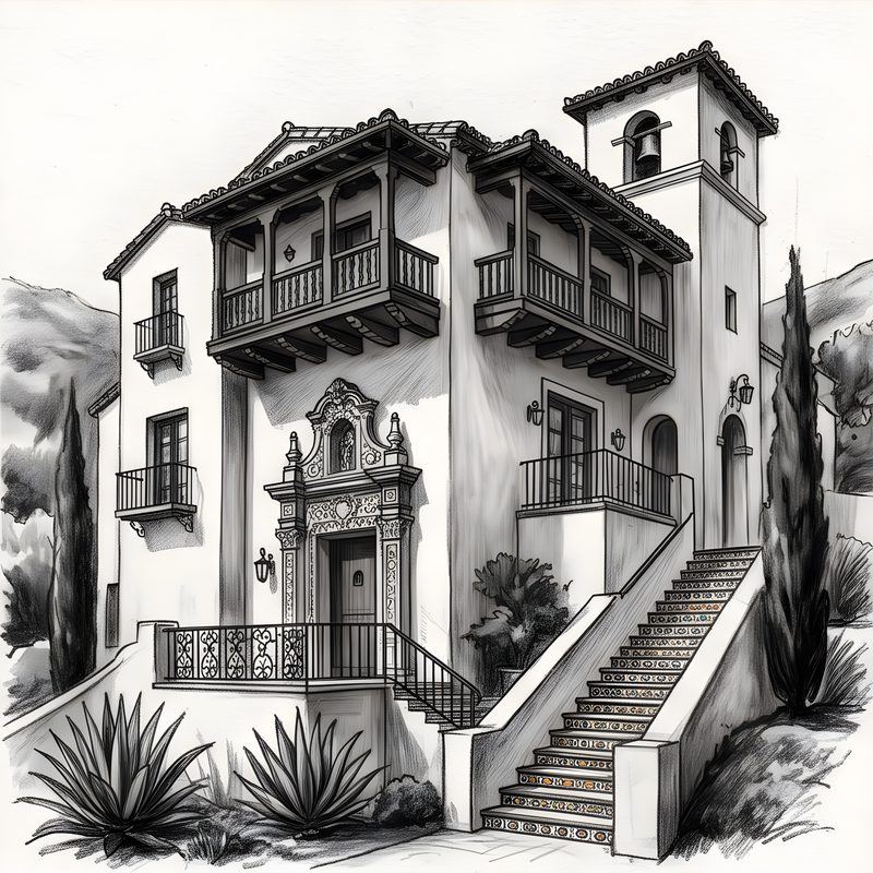 Charcoal drawing: Spanish Colonial Revival Residence