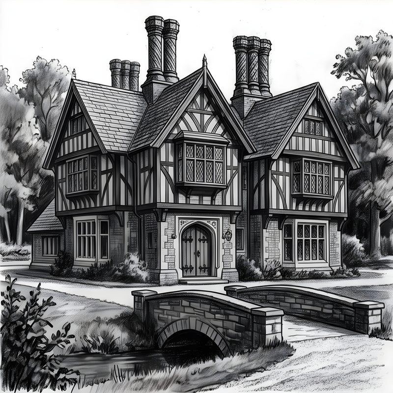 Charcoal drawing: Tudor Revival Country Manor