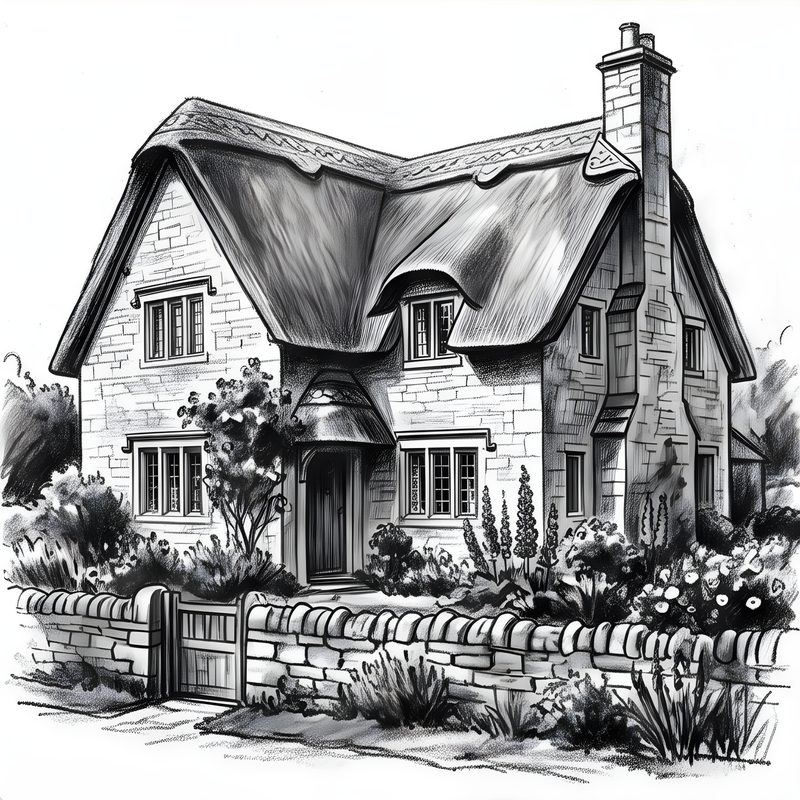 Charcoal drawing: English Cotswold Cottage