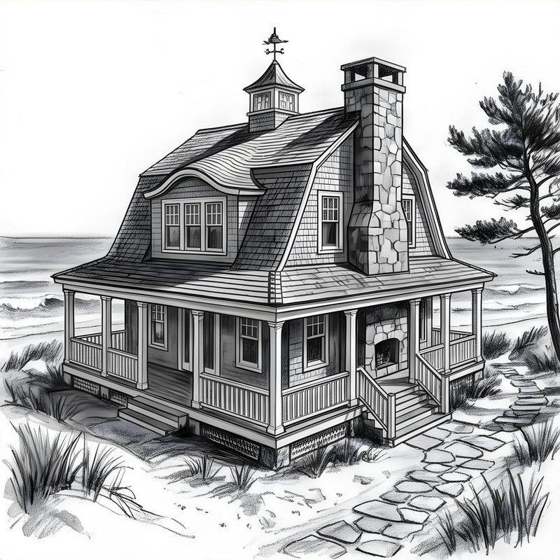Charcoal drawing: Classic Cape Cod & Shingle Cottage
