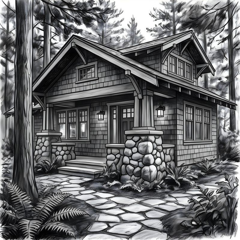 Charcoal drawing: American Craftsman Bungalow