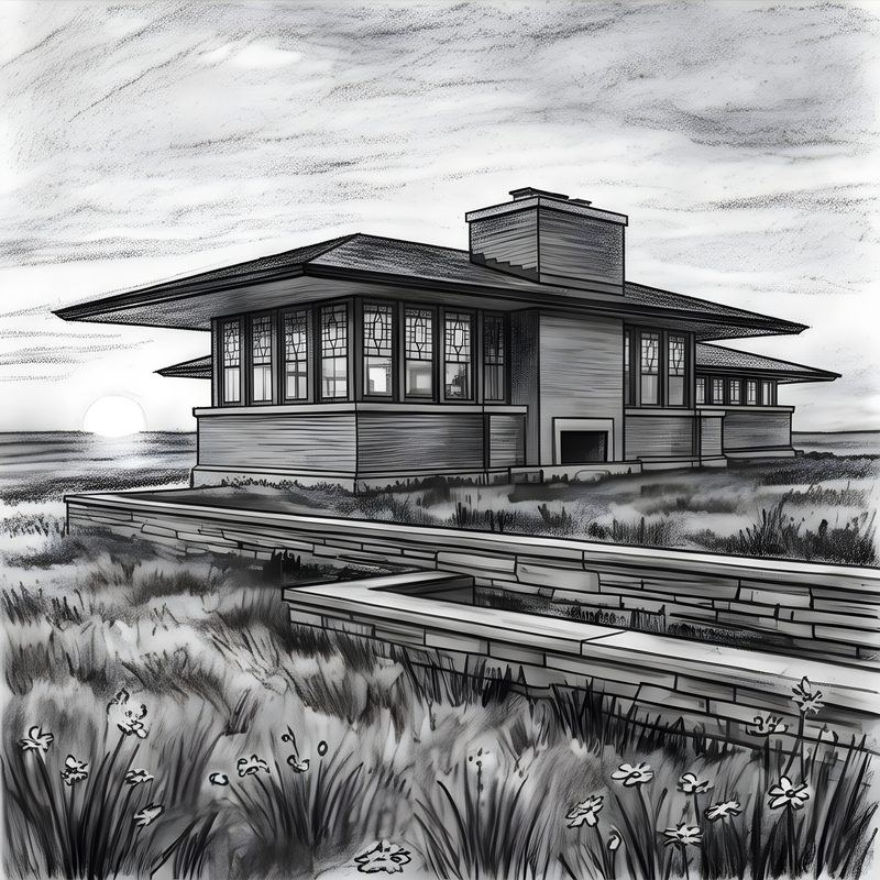 Charcoal drawing: Prairie School Residence