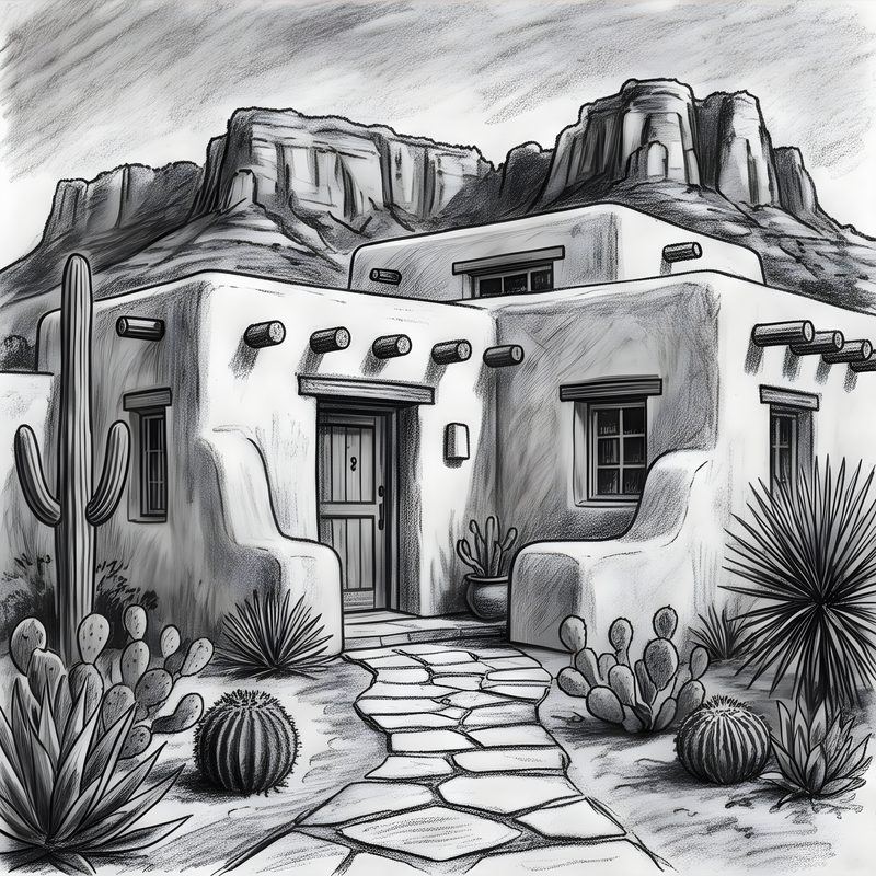 Charcoal drawing: Pueblo Revival & Southwestern Sanctuary