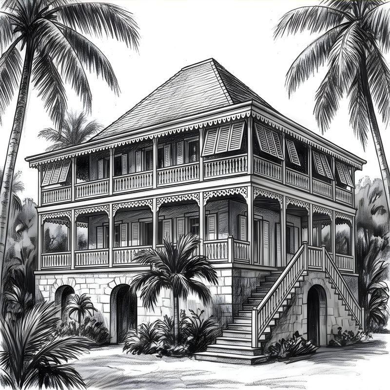 Charcoal drawing: Caribbean Plantation & Great House