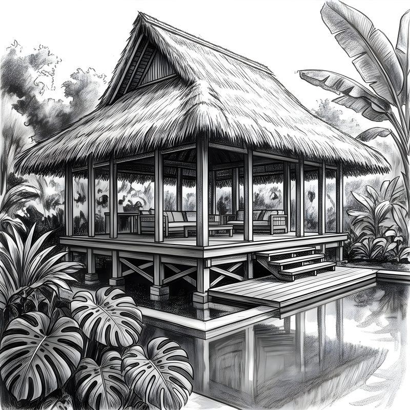 Charcoal drawing: Tropical Vernacular Pavilion House