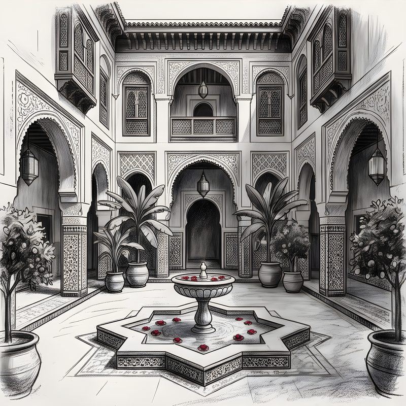 Charcoal drawing: Moroccan Riad & Kasbah Residence