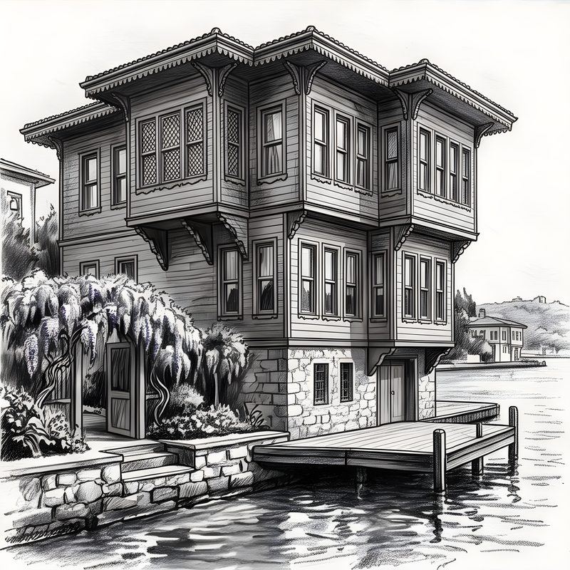 Charcoal drawing: Ottoman Style Wooden Waterfront Mansion