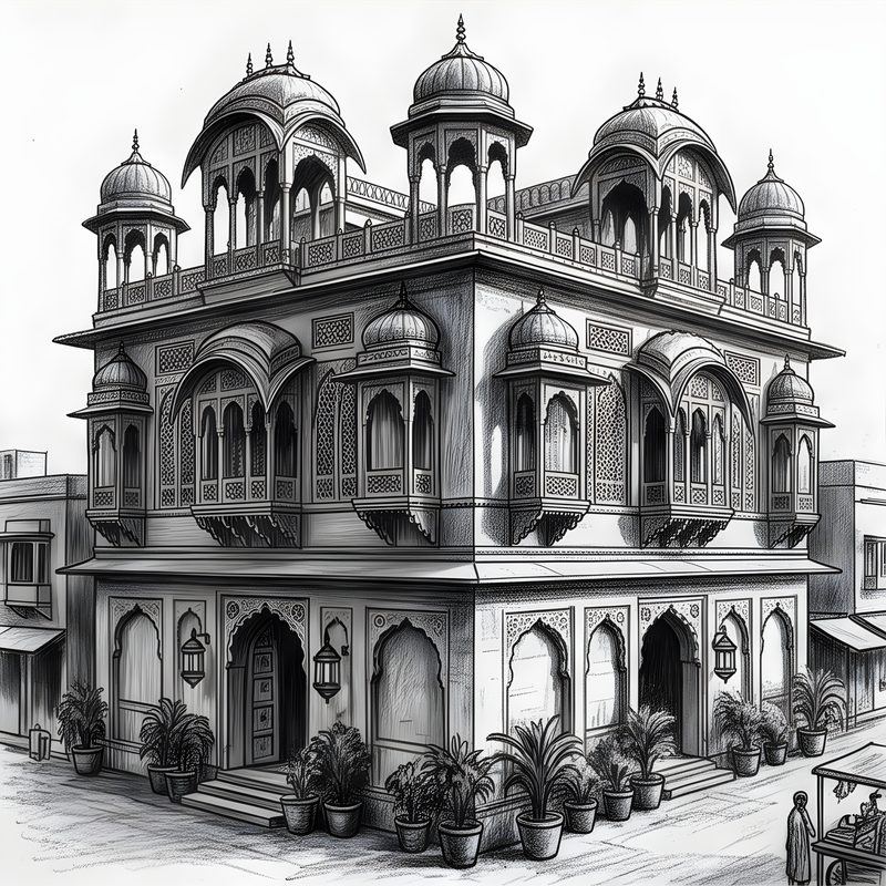 Charcoal drawing: Indian Indo-Islamic & Rajasthani Haveli