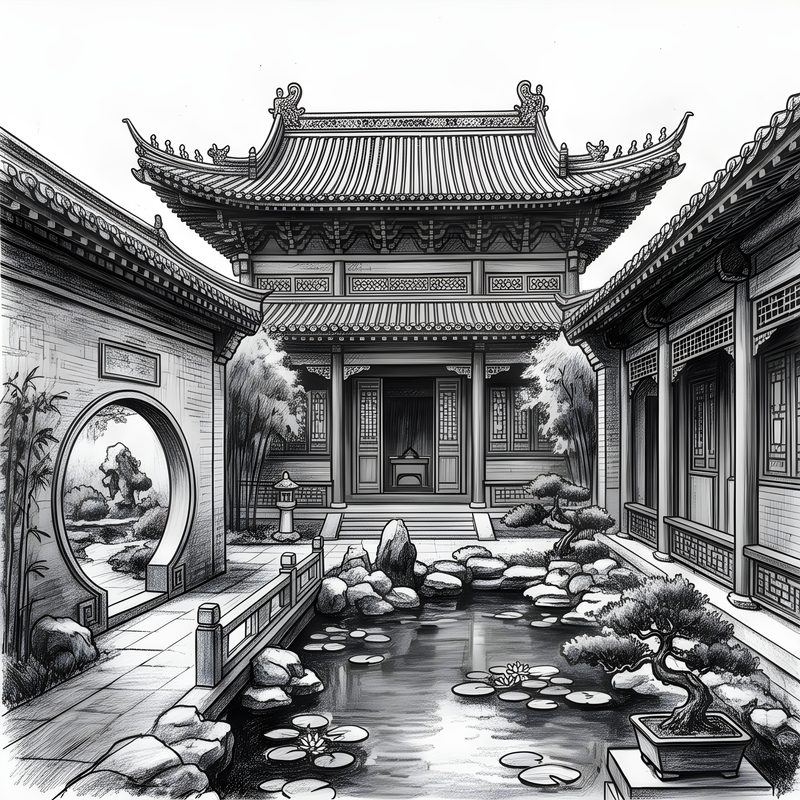 Charcoal drawing: Traditional Chinese Siheyuan & Courtyard Garden Residence
