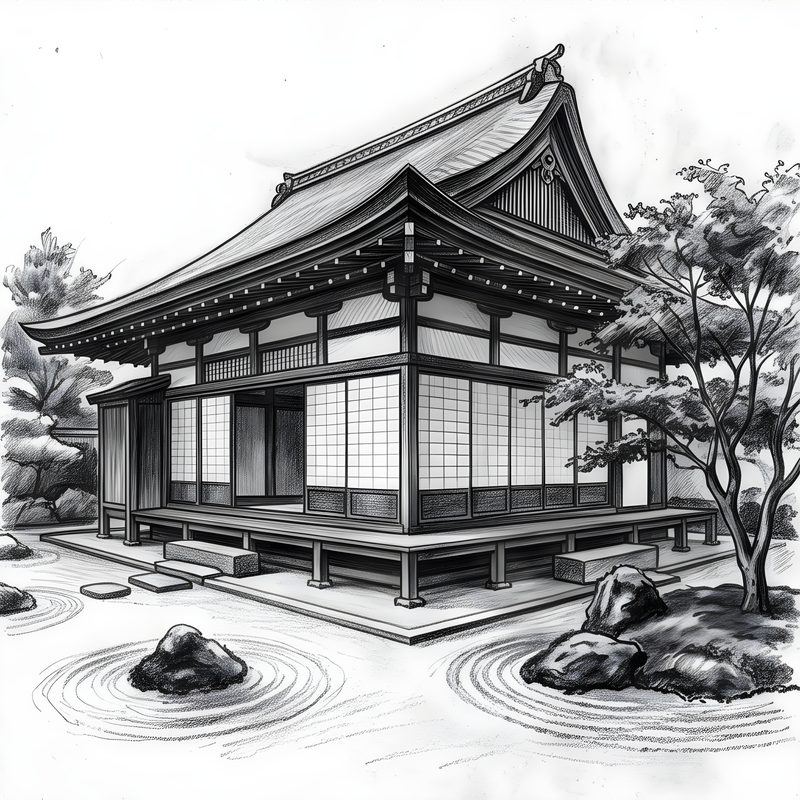 Charcoal drawing: Traditional Japanese Sukiya-Zukuri & Minka