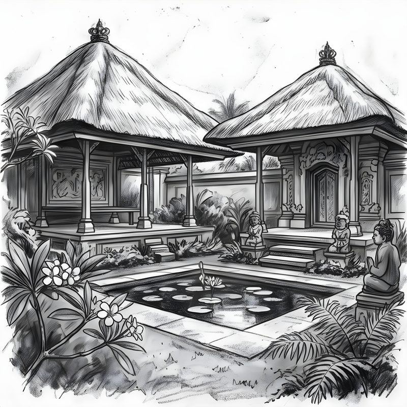 Charcoal drawing: Balinese Courtyard Compound & Bale House