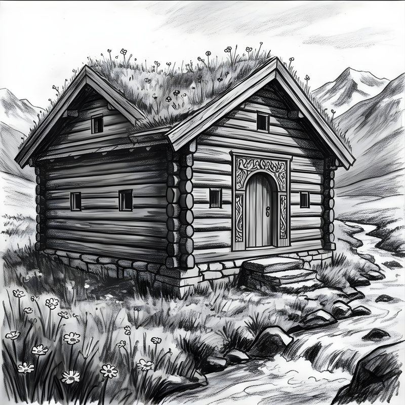 Charcoal drawing: Scandinavian Vernacular Timber & Sod House