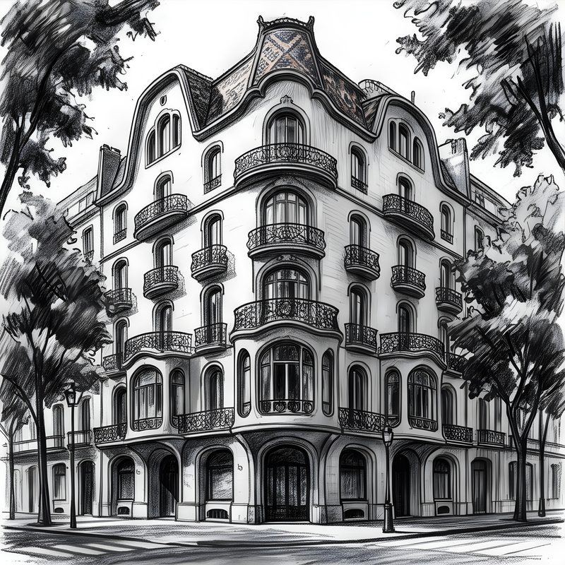Charcoal drawing: Art Nouveau Residential Villa