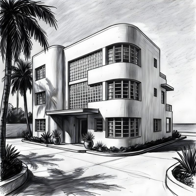 Charcoal drawing: Art Deco & Streamline Moderne Residence