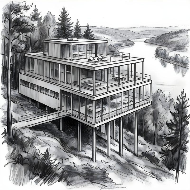 Charcoal drawing: International Style Glass & Steel Villa