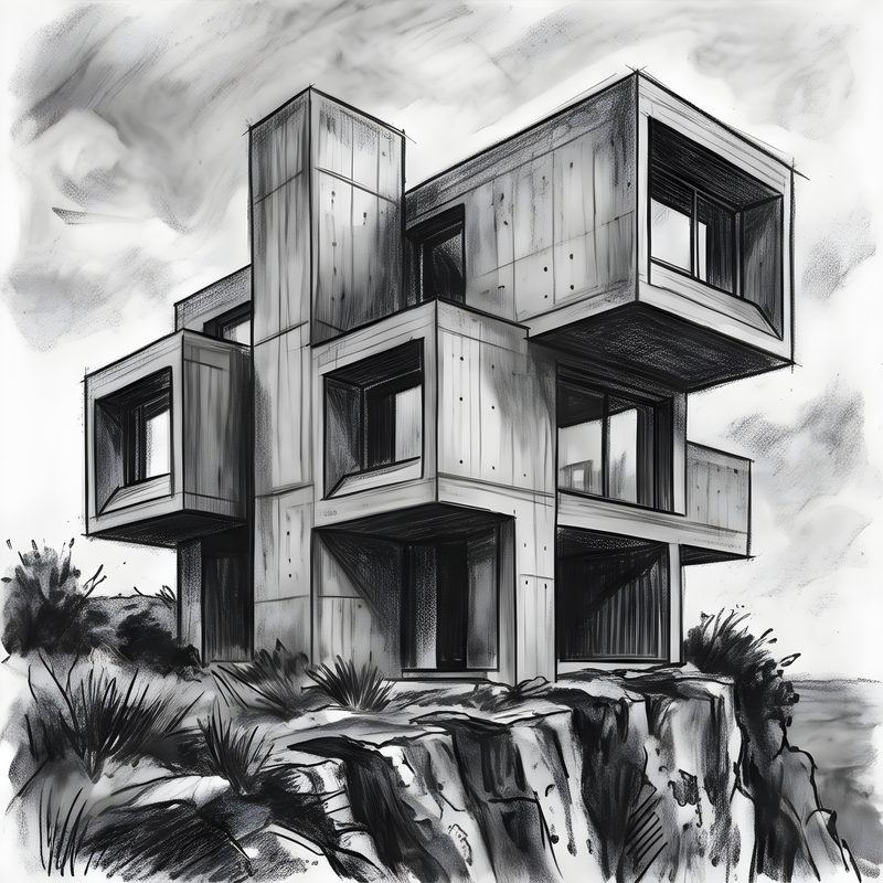 Charcoal drawing: Brutalist Concrete Residence