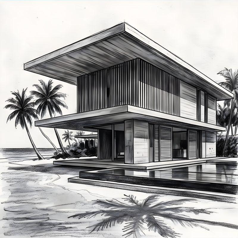 Charcoal drawing: Tropical Modern Beach House
