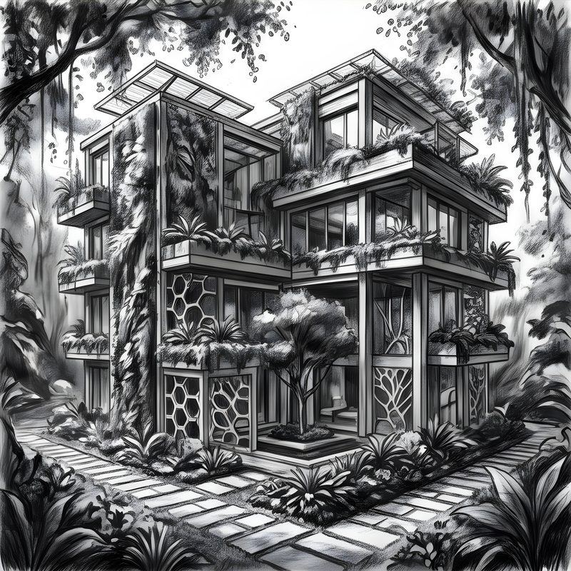 Charcoal drawing: Biophilic Living Sanctuary