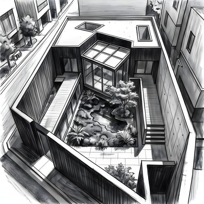 Charcoal drawing: Contemporary Inward Courtyard House