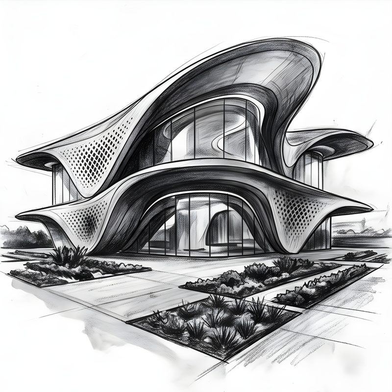 Charcoal drawing: Parametric & Sculptural Modern Pavilion